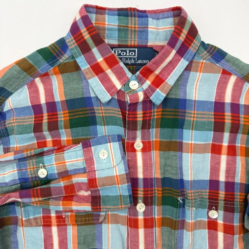 Polo Ralph Lauren Button Down Mens S Multicolor Plaid Linen Silk Blend Shirt
